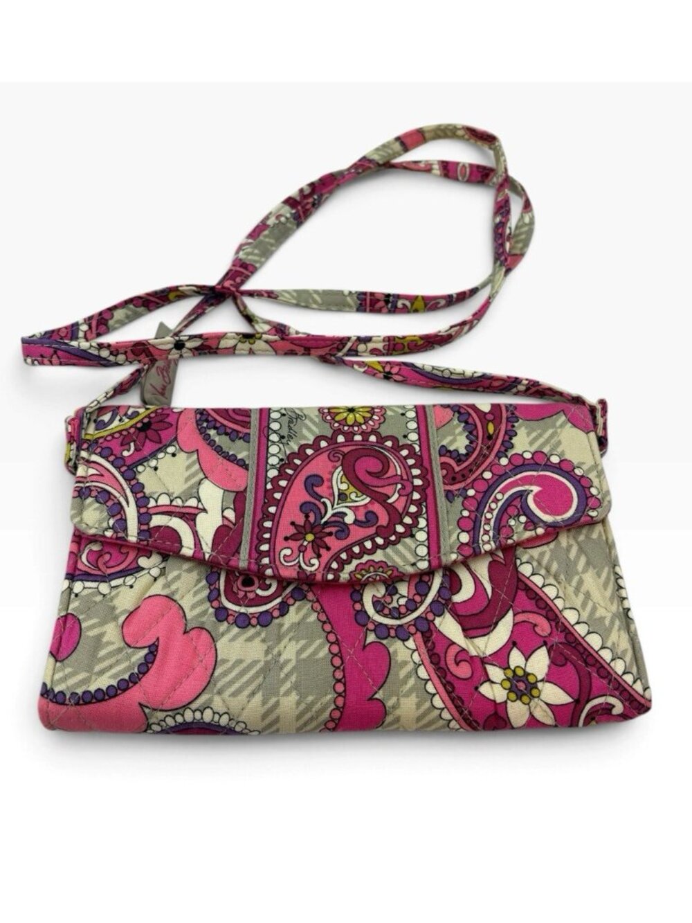 -Vera Bradley Crossbody Wallet Womens Pink Paisley Meets Plaid Print Retired